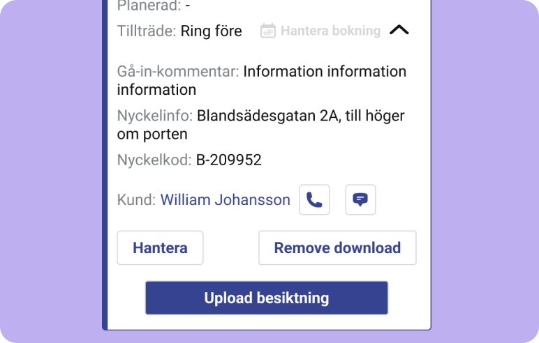 Close-up of the buttons and actions available in the expanded accordion of the work order.