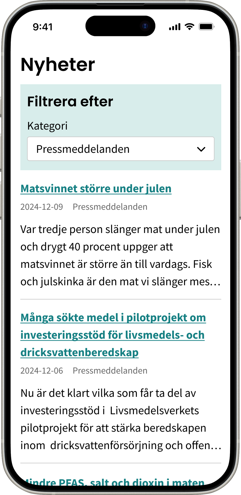 Image of the website in a small screen, showing the news section.