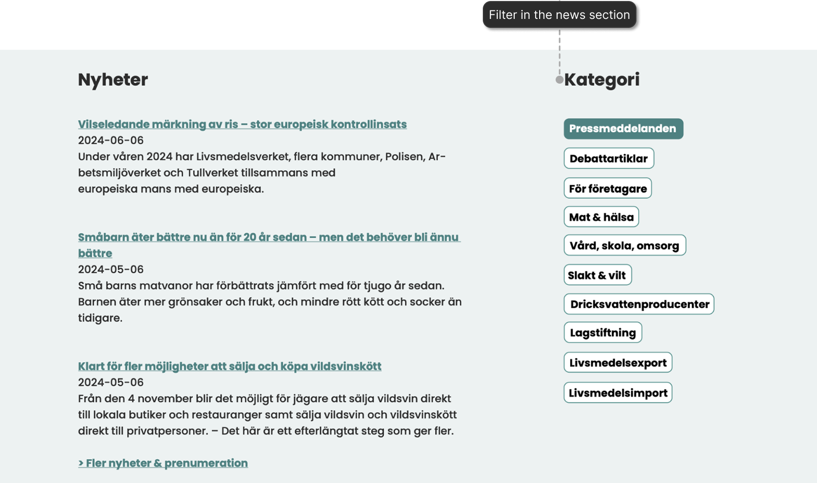 image of the second part of the start page sketch. It's the news section. The layout is two columns, left column is a list with the title and paragraph for each article; on the right there are bubbles to filter by category.