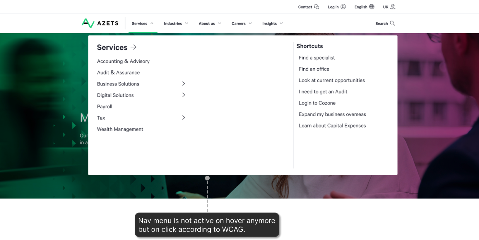 Screenshot of the website's start page, with the flyout menu out with an annotation saying: Nav menu is not active on hover anymore but on click according to WCAG.